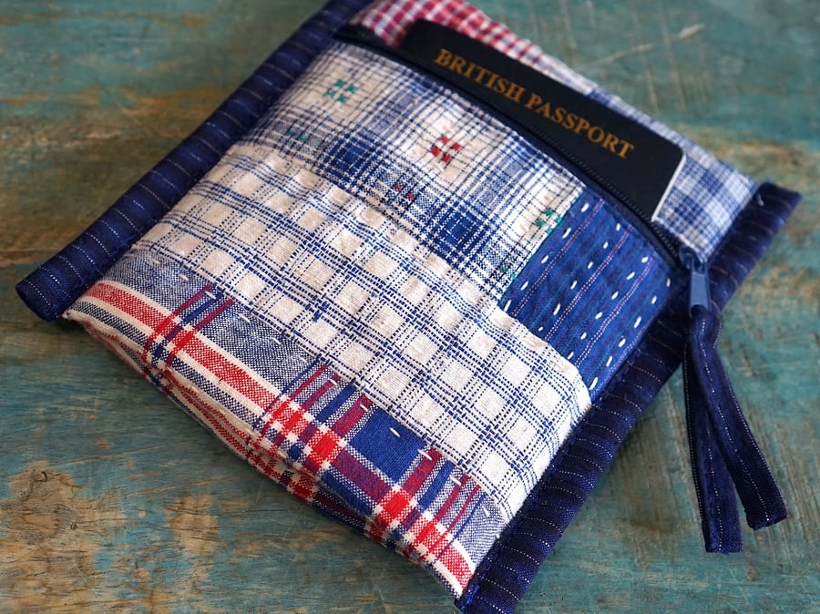Indigo Patchwork Travel Pouch – Passport & Essentials, Fabric Zipper Pouch