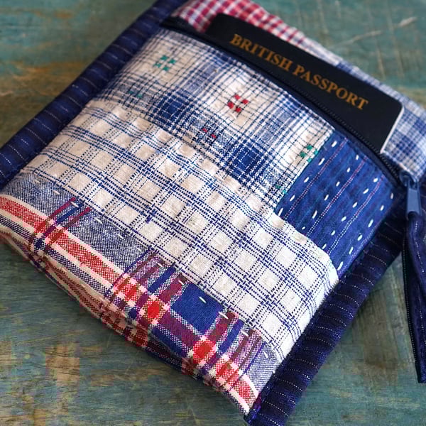 Indigo Patchwork Travel Pouch – Passport & Essentials, Fabric Zipper Pouch