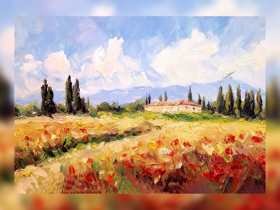 Tuscan Landscape Painting, Vibrant Oil Impressionist Art 5"x7" on Matte Paper
