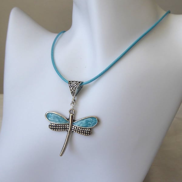 Silver and Turquoise Blue Enamelled Dragonfly Necklace