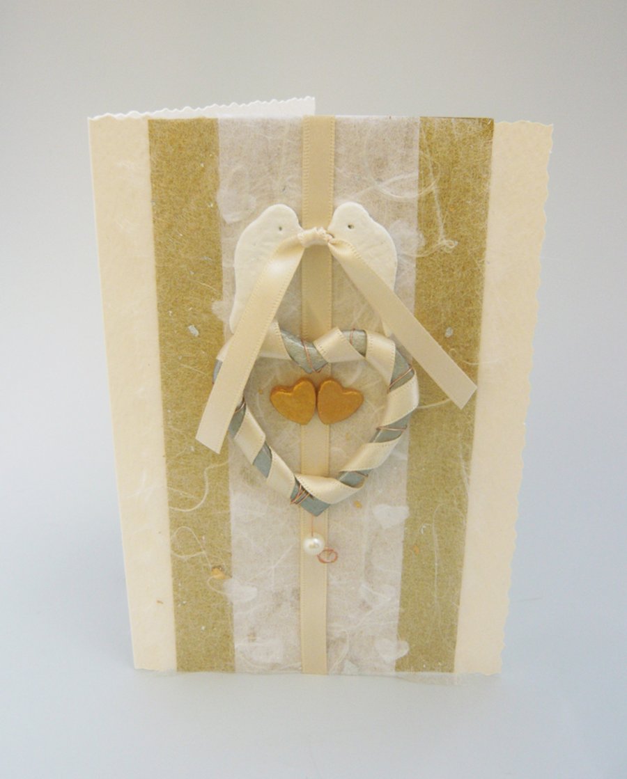 Handmade Wedding with silver heart and birds card