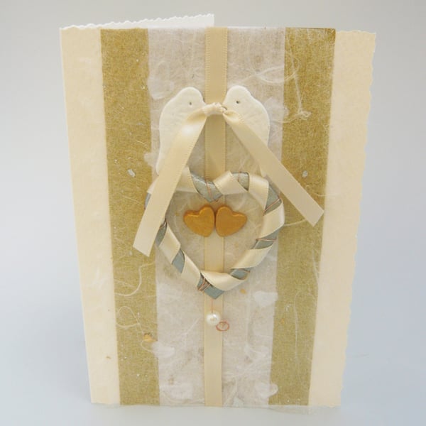 Handmade Wedding with silver heart and birds card