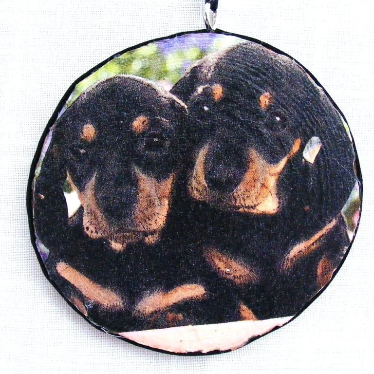 Puppies decoupaged log slice wall decoration 