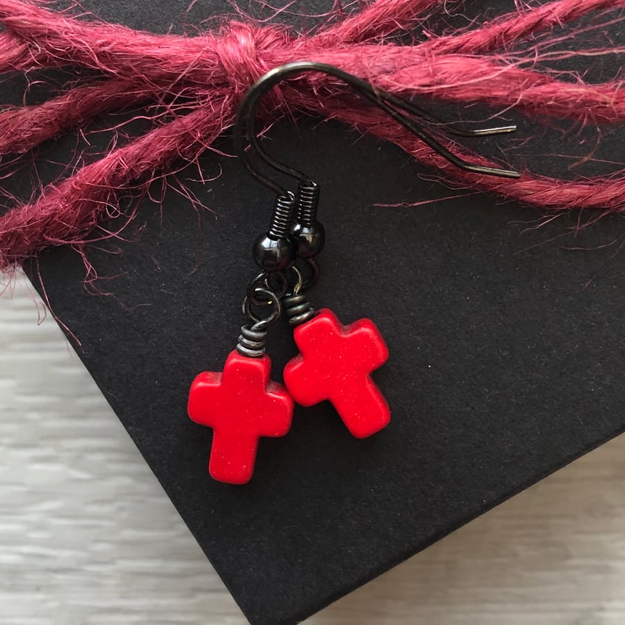 Red Howlite Cross Earrings. Black Brass Earrings