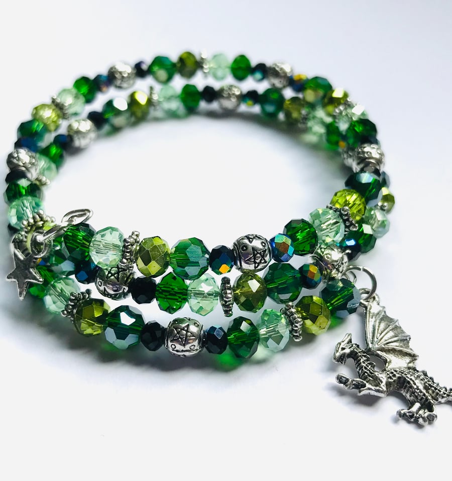 Green Dragon Beaded Memory Wire Bracelet