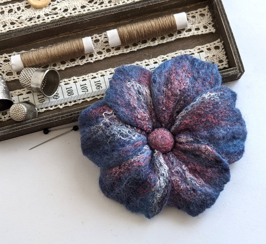 Large felted flower brooch - soft blue and pinks