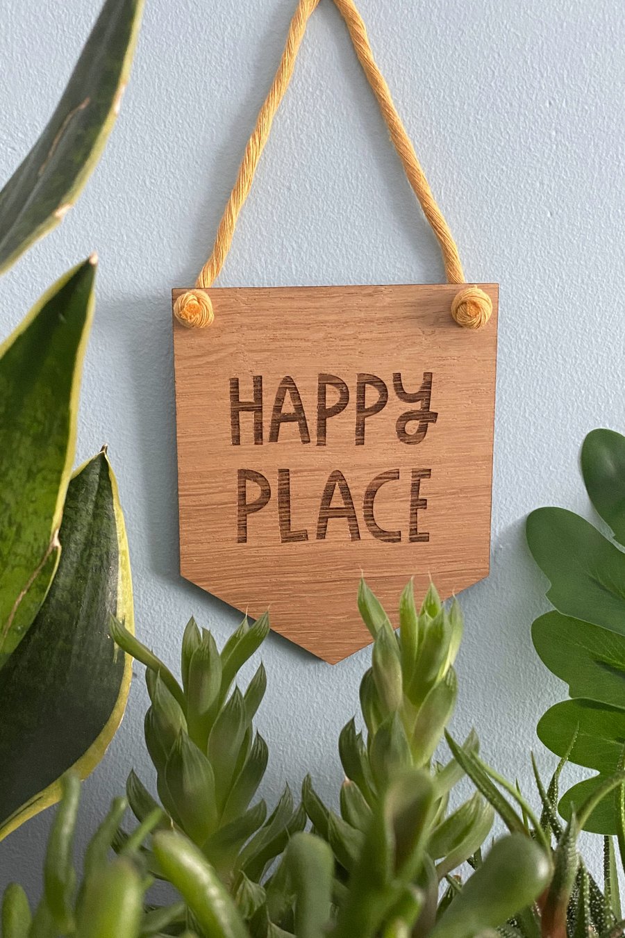 Cheerful oak hanging decoration made in Yorkshire, motivational plant home decor