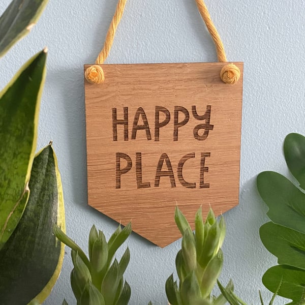 Cheerful oak hanging decoration made in Yorkshire, motivational plant home decor