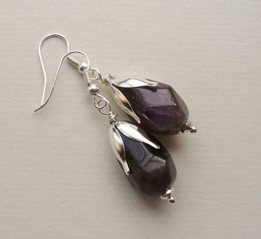 Dangle Earrings Purple Amethyst Faceted Nugget Drop Silver   KCJ1710