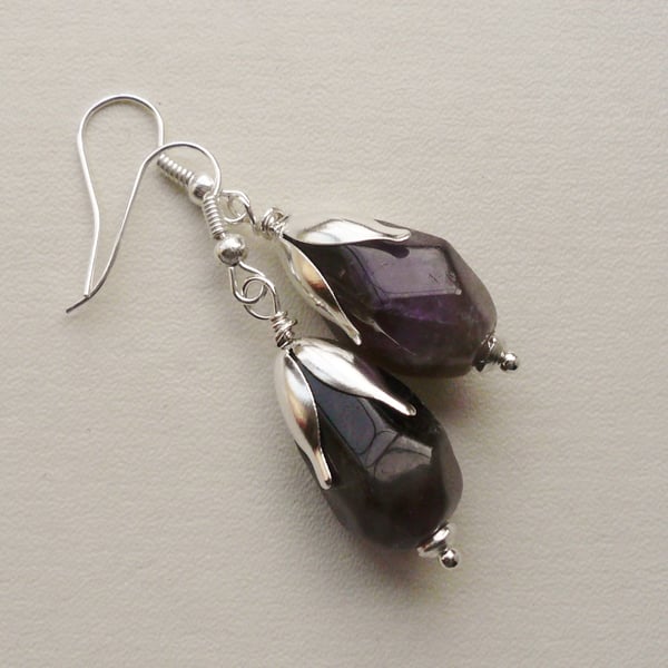 Dangle Earrings Purple Amethyst Faceted Nugget Drop Silver   KCJ1710