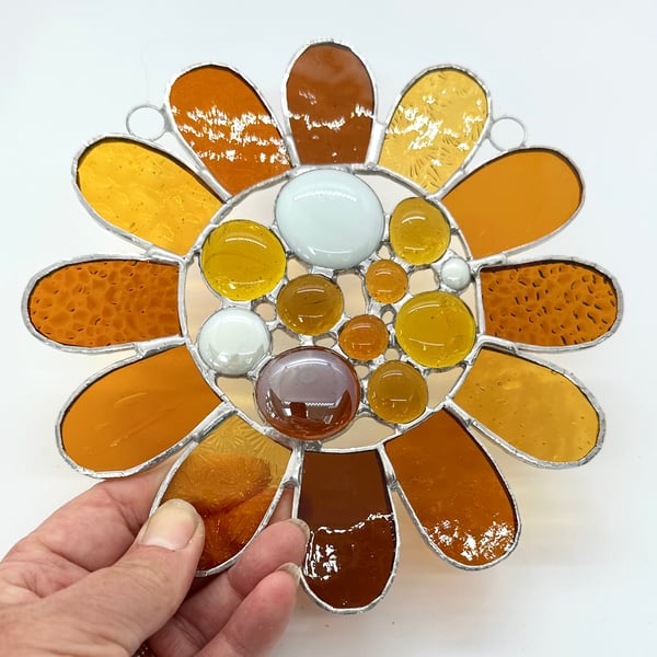 Stained Glass Bead Daisy Suncatcher - Handmade Window Decoration - Amber