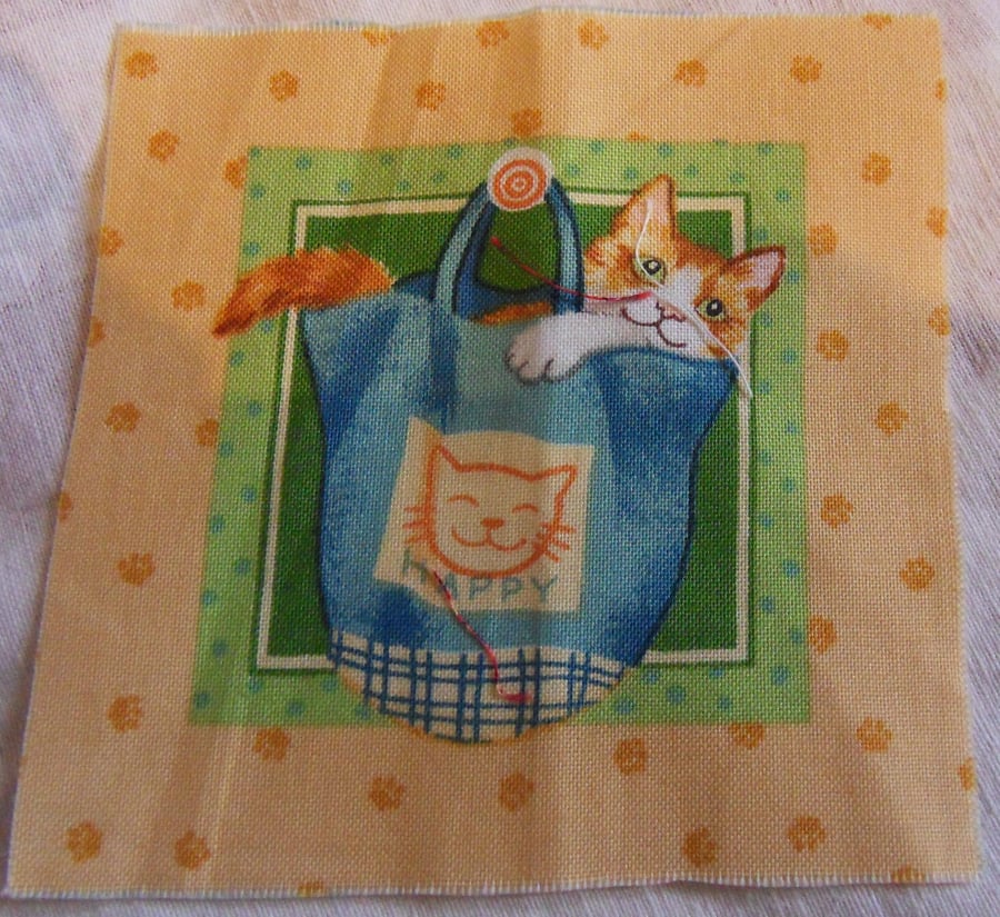100% cotton fabric squares. Cat in a bag happy (64)