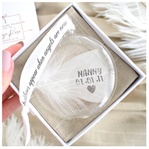 Personalised Feather Memorial Bauble, Round Glass Christmas Ornament, Name Date 