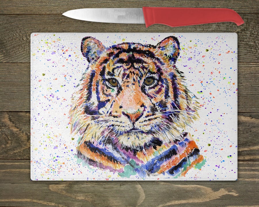Tiger glass chopping board, bengal tiger gifts, watercolour tiger artwork print,