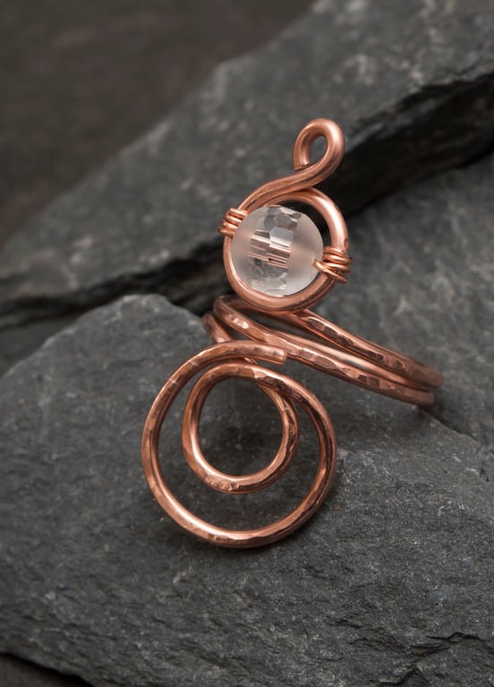 Quartz copper ring ,Statement Copper ring ,hammered and textured copper wire 