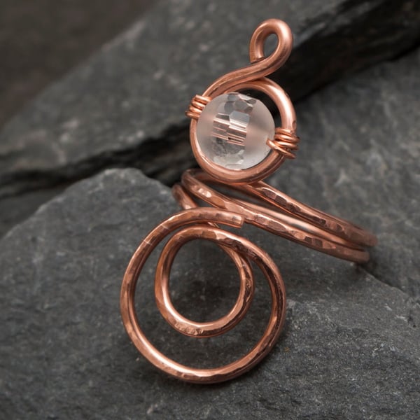 Quartz copper ring ,Statement Copper ring ,hammered and textured copper wire 
