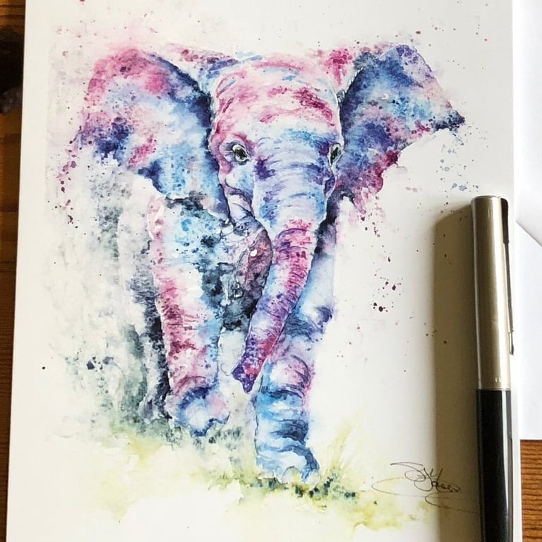 Jumbo Card, Baby Elephant Watercolour Art Card, A5 size on Satin Card 