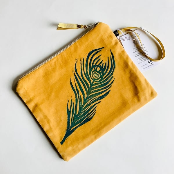 Yellow Large Peacock Feather medium velvet zip-up pouch 