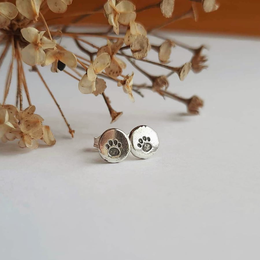 Paw Print Stud Earrings - Recycled Sterling Silver - Hand Stamped