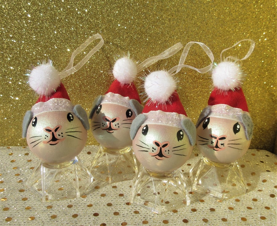 Guinea Pig Christmas Tree Baubles Hanging Decoration in Pearl White Set of 4