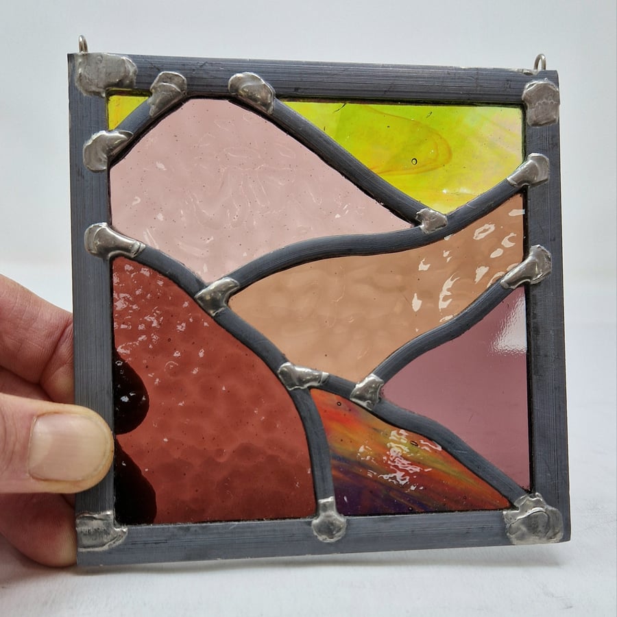 Purple mountain landscape with yellow sunset - stained glass leaded panel