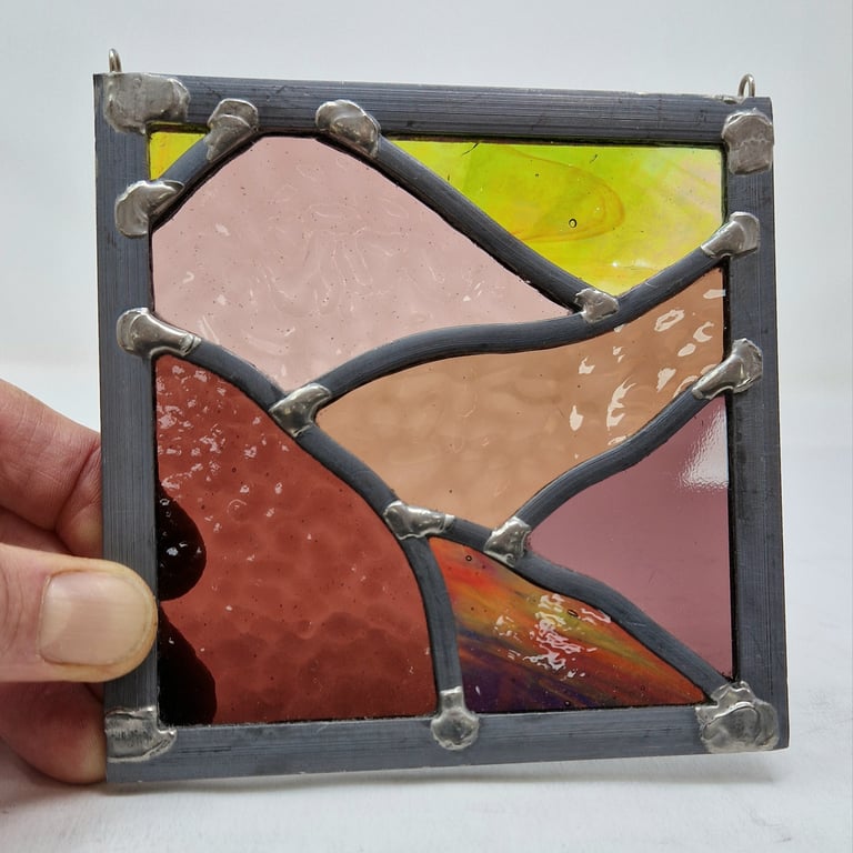 Purple mountain landscape with yellow sunset - stained glass leaded panel