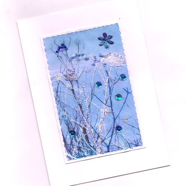 "Misty Mauve 3": Hand-embroidered Digital Print Greetings Card
