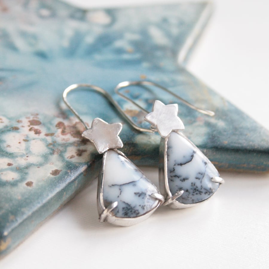 Sterling silver and dendritic opal earrings, winter season jewellery