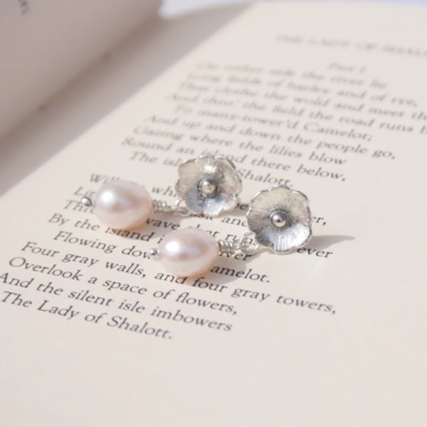 Handmade Floral Pearl Bridal Earrings, Delicate Silver Wedding Jewellery