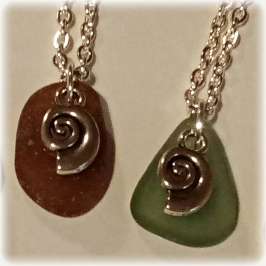 Unique Seaglass and Silver Spiral Shell Charm Necklace 