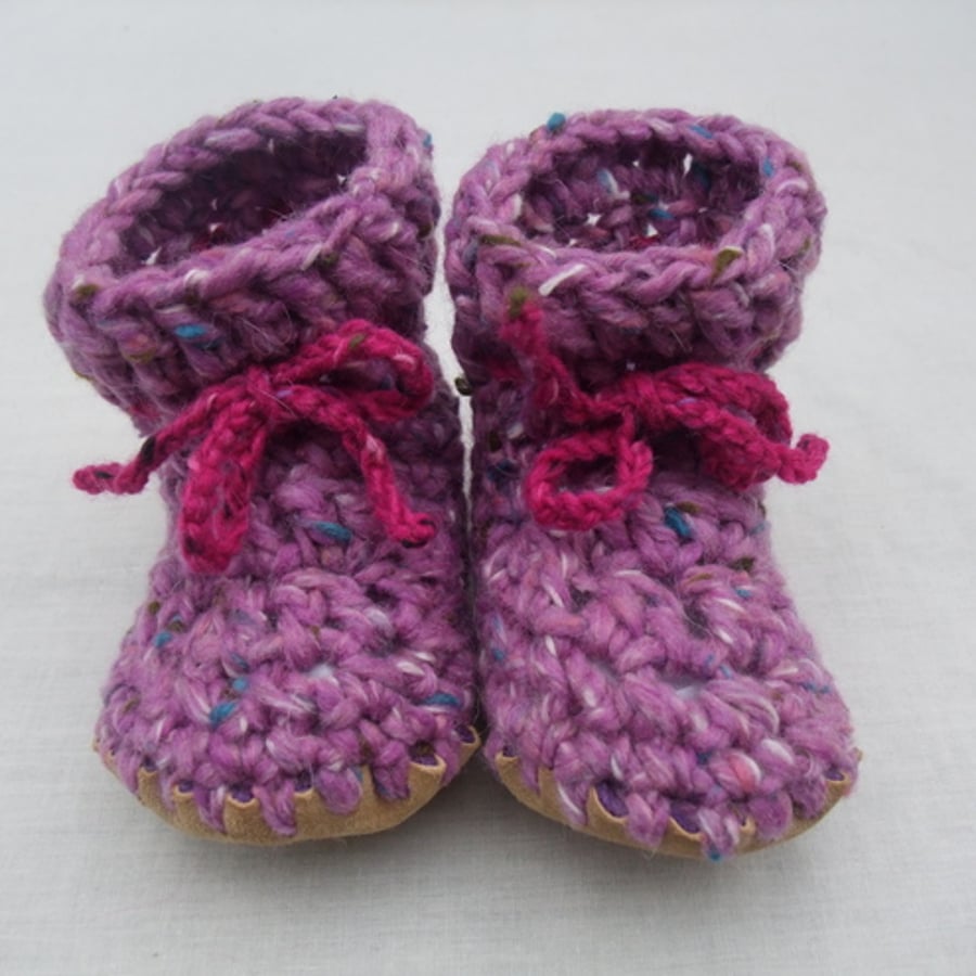Baby boots - Wool, angora & leather - lavender - 12-18 months