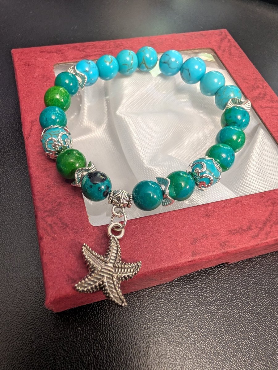 Handcrafted Ocean Breeze Bracelet - Blue Turquoise,Picture Jasper&Starfish Charm