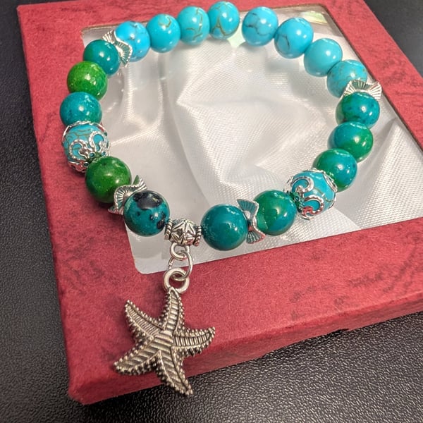 Handcrafted Ocean Breeze Bracelet - Blue Turquoise,Picture Jasper&Starfish Charm