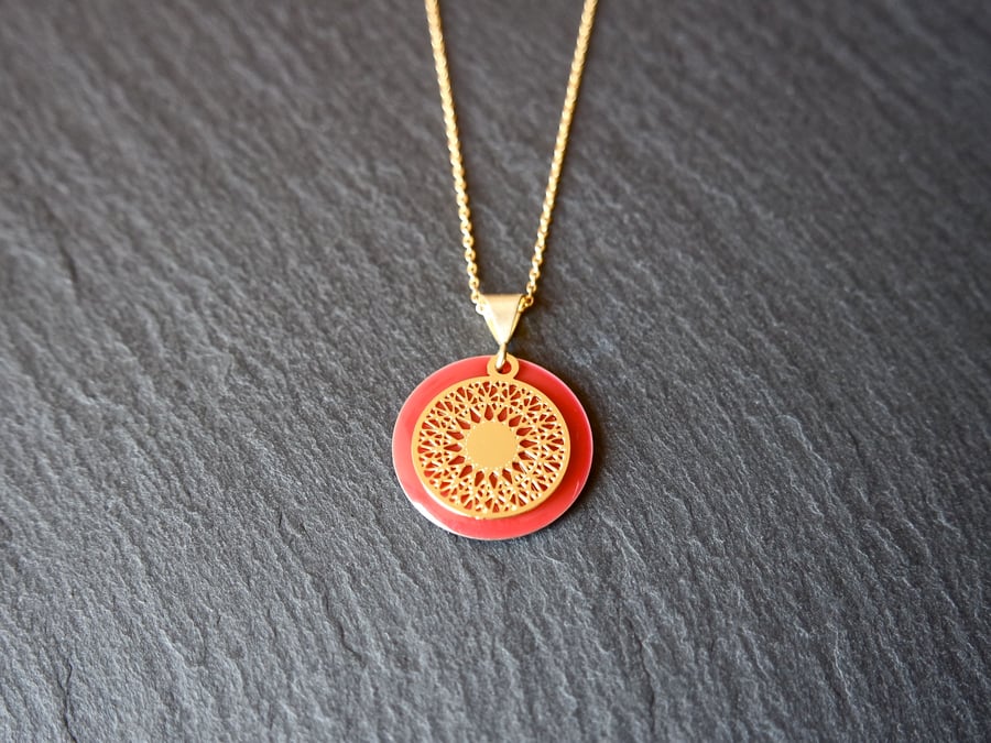 Red Enamel Mandala Necklace - Gold Vermeil 925 Sterling Silver 