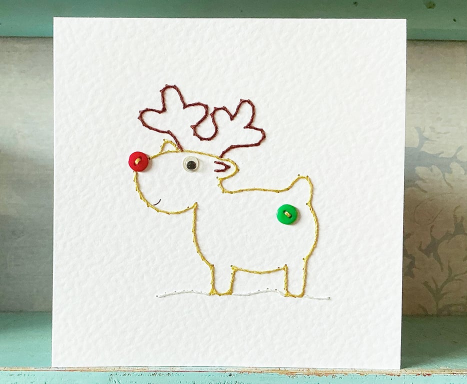 Hand Sewn Card. Reindeer Card. Christmas Card. Christmas. Reindeer. Animal Card.