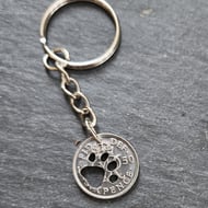 Upcycled 1950 sixpence keyring or bag charm with pierced paw