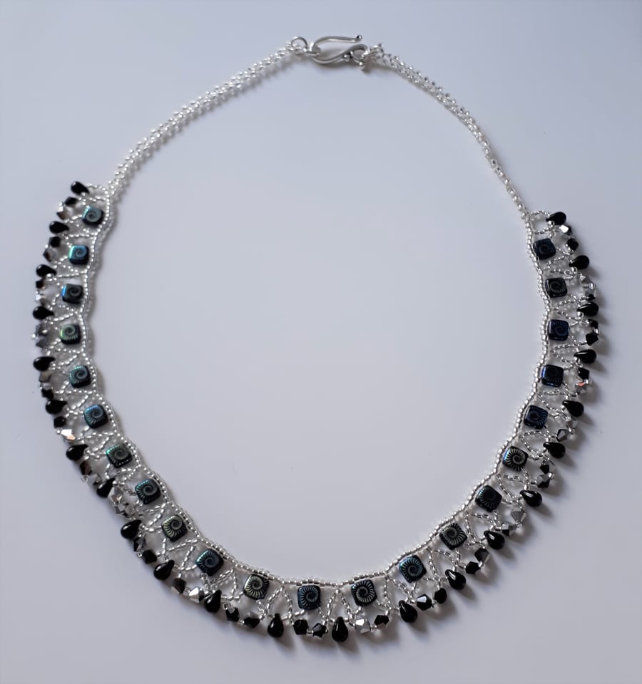 Black etched tile collar style necklace