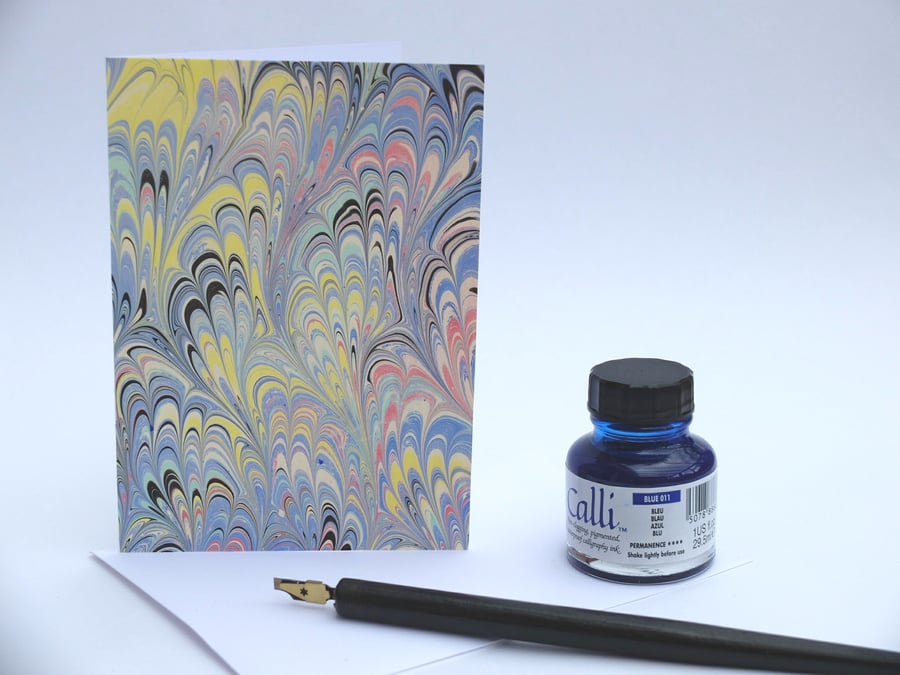 Multicoloured marbled art greetings card bouquet peacock pattern cool tones