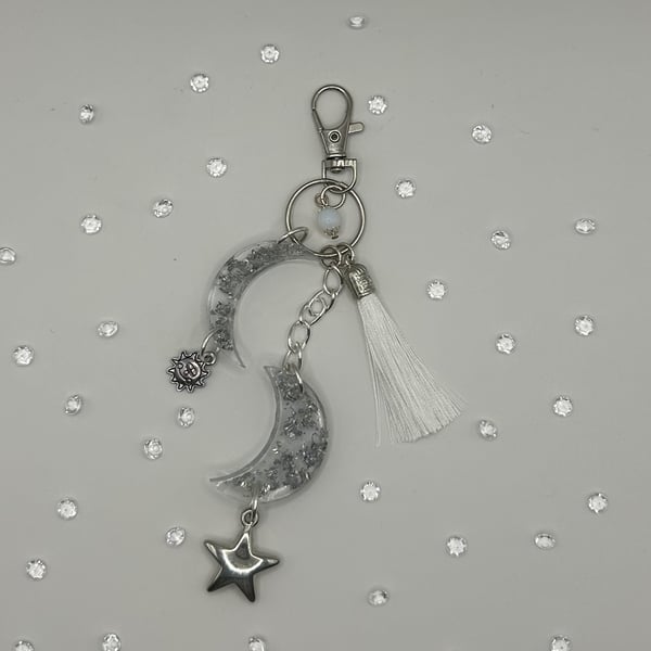 Resin Double Crescent Moon, Star, Sun and Moonstone Bag Charm