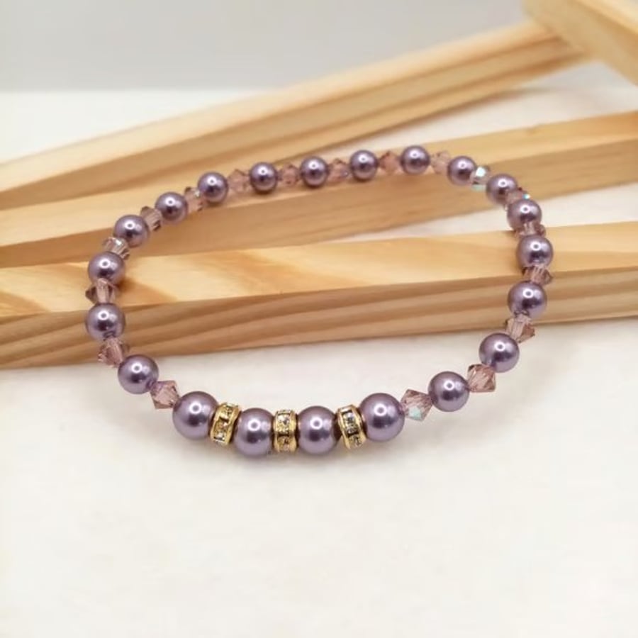 Light Amethyst Austrian Crystal Pearl Bracelet, Gold Diamanté Special Occasion
