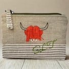 Embroidered Linen Coin Purse – Personalised Scottish Gift with Highland Cow