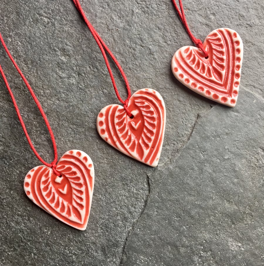 Scandi Mini Folk Heart Decorations x 3, red The Porcelain Menagerie