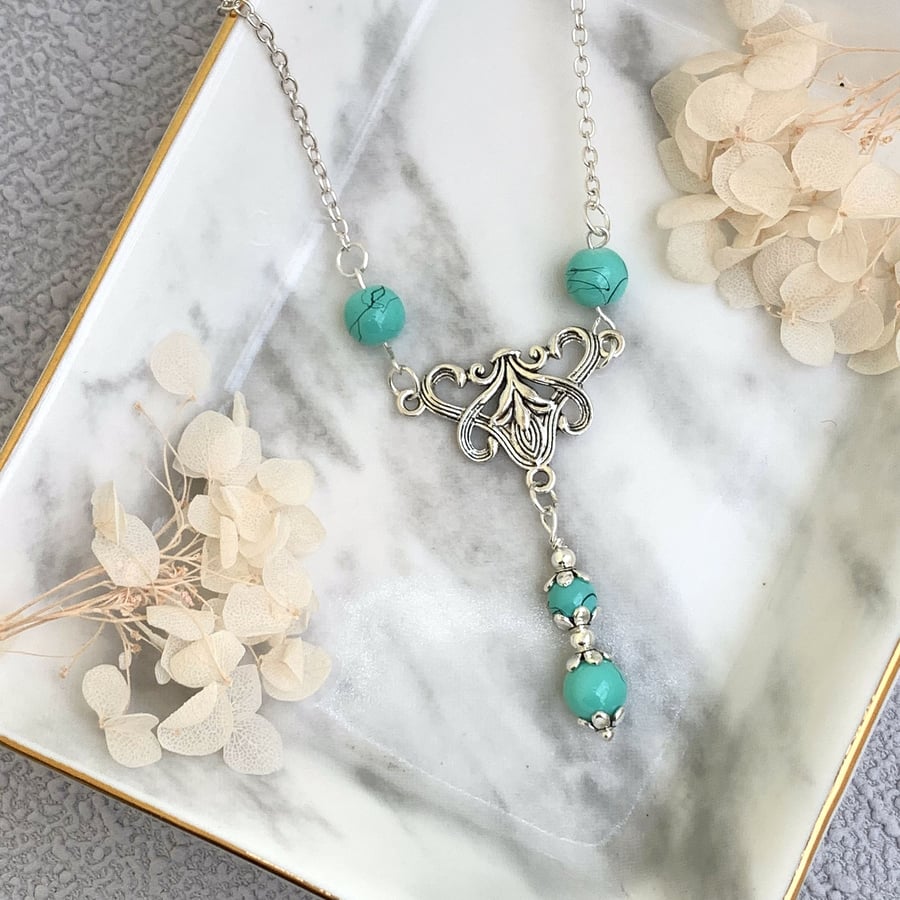 Vintage Edwardian Style Turquoise Pendant and Earrings Set
