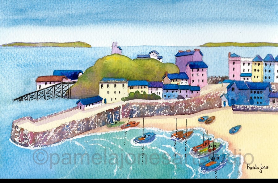 Boats, Tenby, Pembrokeshire, Watercolour Print in 9 x 7 '' Mount