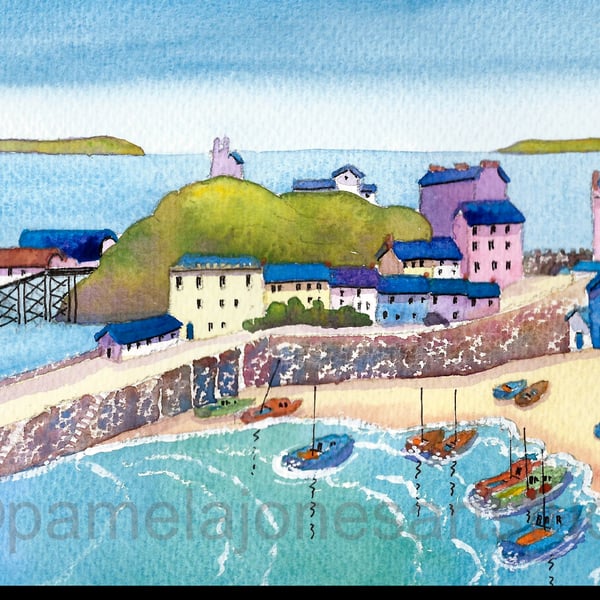 Boats, Tenby, Pembrokeshire, Watercolour Print in 9 x 7 '' Mount