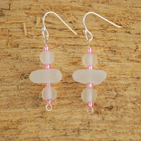 Sea glass earrings with pink beads