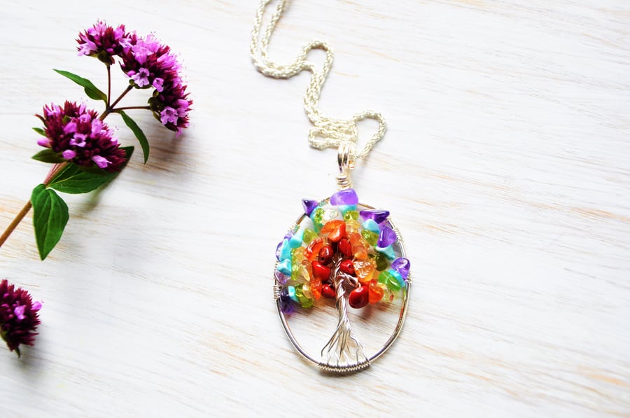 Rainbow Tree of life pendant, Tree necklace, Chakra necklace, Healing crystals 