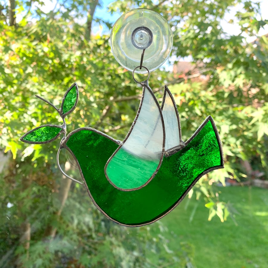 Stained Glass Dove Suncatcher - Hand Made Hanging Decoration - Green