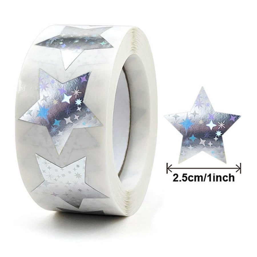 500 PCS Holographic Silver Sparkle Stars Design Star Self Adhesive Sticker Roll 