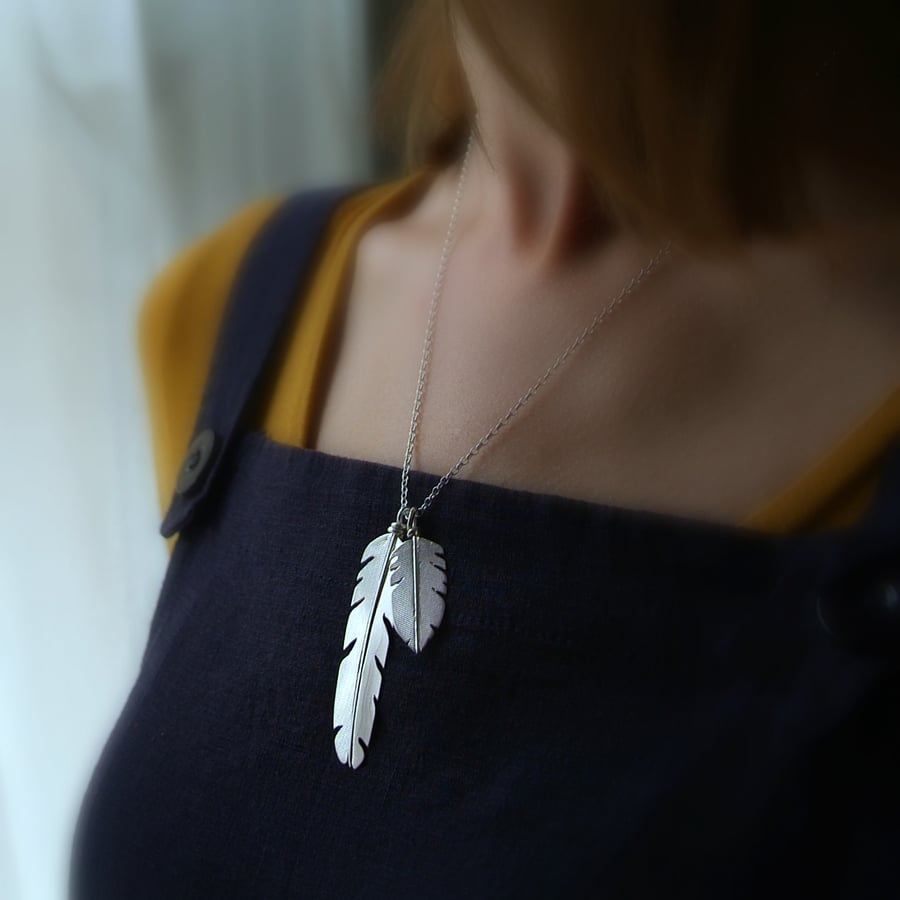 Silver Feathers Necklace, Nature Jewellery, Double Feather Pendant